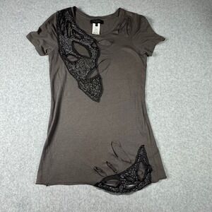 MM Couture by Miss Me Gray Distressed Beaded Cutout Top MMCT1128 Small
